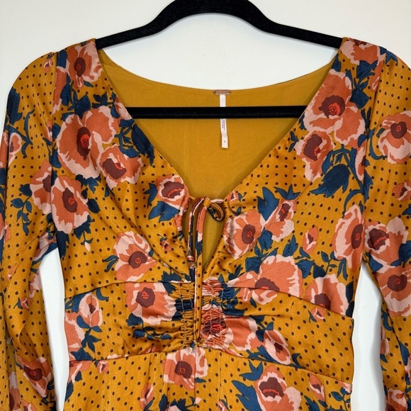 FREE PEOPLE Morning Light Boho Floral Satin Longsleeve Fit and Flare Mini Dress - Picture 7 of 12